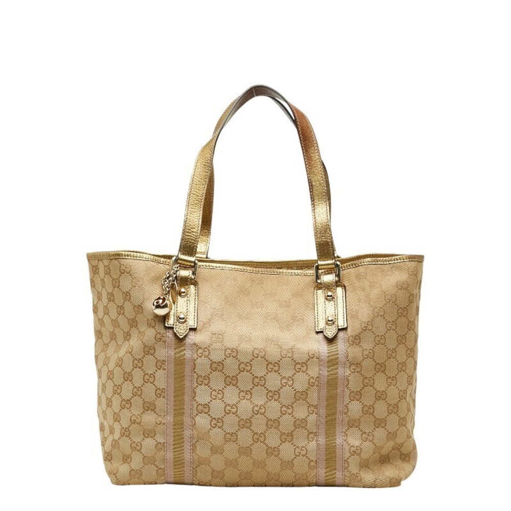 Gucci GG Canvas Sherry Tote Bag Handbag Brown Gold Leather